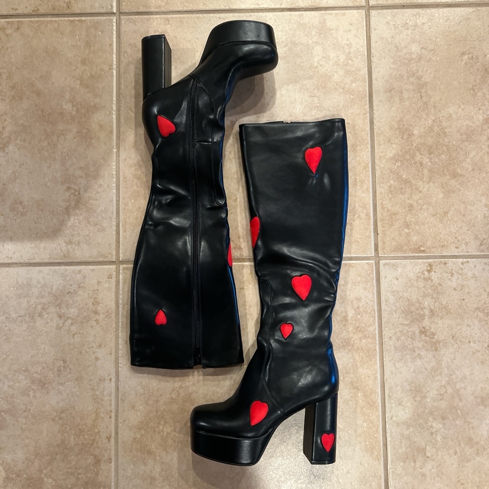 Lamoda/Dollskill Black Knee-High Boots with Red Hearts